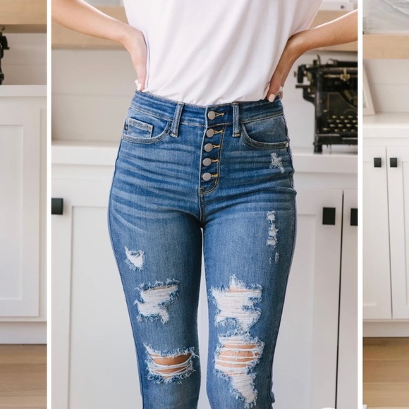 Judy Blue High Rise ButtonUp Straight Ripped Jeans - Picture 2 of 13